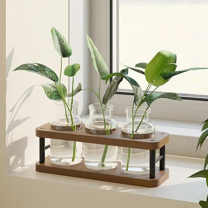 THYGIFTREE Plant Propagation Station with Wooden Stand, Propagation Vases Glass Planters for Indoor Plants Hydroponic Propagating Jars Home Office Decor, Brown by GreenHaven Gardens