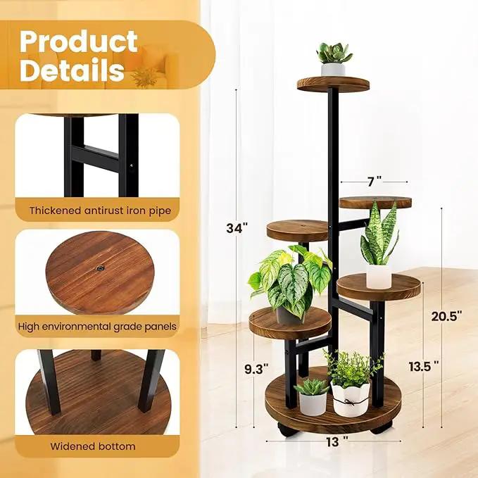 GEEBOBO 5 Tier Plant Stand With 4 Wheels, Metal Wood Tall Plant Stands For Indoor Plants Multiple, Corner Tiered Flower Plants Shelf Stand for Living Room Bedroom, Brown by GreenHaven Gardens