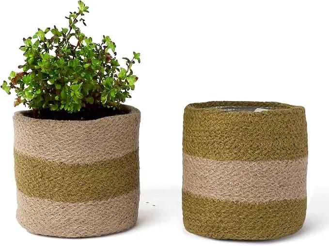 Jute Planter Basket-Woven Jute Rope Covers for Decorating Indoor/Outdoor Succulents, Small Plant Pots-Set of 2-Multi-Purpose Storage Bins 4.5 Inches - Modern Style Décor - Olive & Natural by GreenHaven Gardens