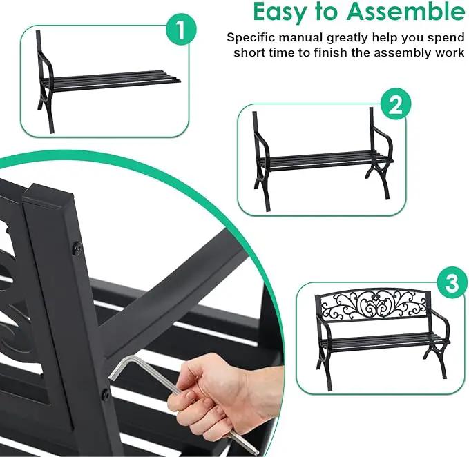 FDW Outdoor 50 Inches Garden Bench, Slatted Seat Armrests Floral Design Backres and Arch Legs, Perfect for Park, Yard, Porch, Lawn, Balcony, Backyard, Black by GreenHaven Gardens