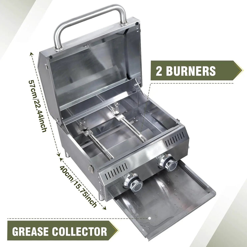 Bestfire Tabletop Gas Grill 2 Burners, 20,000 BTUs Stainless Steel Portable Propane Grill with Legs for Outdoor Patio Backyard Camping, Tailgating, and RV Trips by GreenHaven Gardens