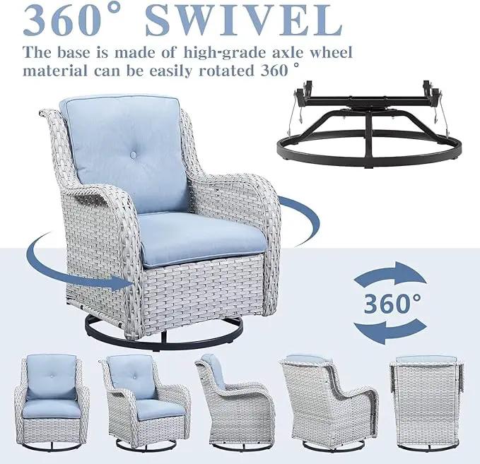 Wicker Patio Furniture Sets - 8 Piece Outdoor Rattan Furniture Conversation Sets with 4 Swivel Rocker Chairs, Rattan Sofa, Wicker Ottomans and Coffee Table, Light Grey/Baby Blue by GreenHaven Gardens