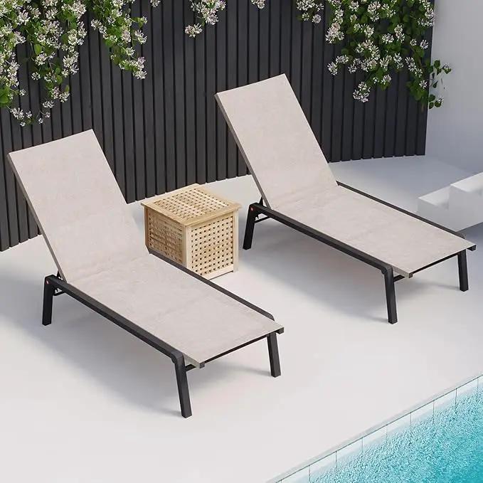 Patio Chaise Lounge Set of 2 with 4 Adjustable Backrest, Foldable Aluminum Chaise Lounge Chair Recliner for Outdoor, Poolside, Sun Tanning Beige by GreenHaven Gardens