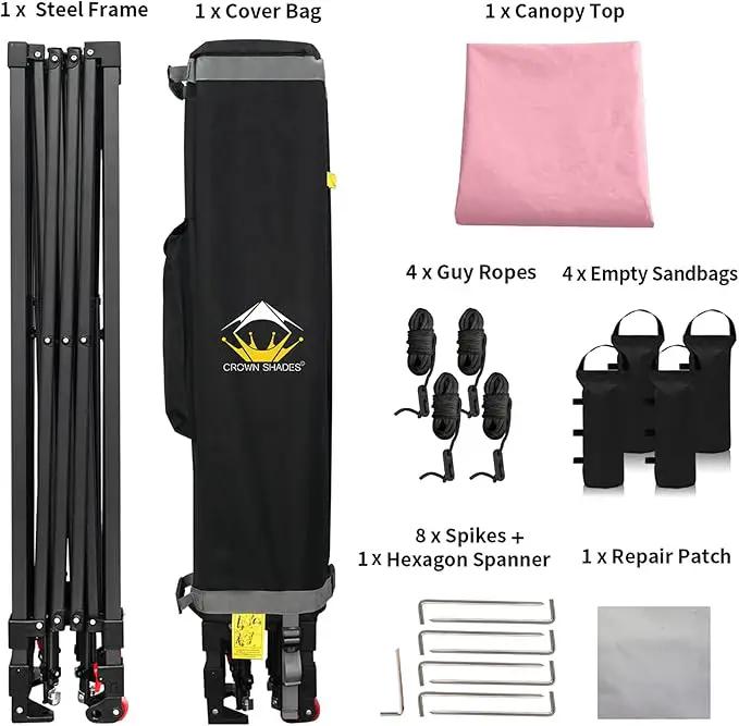 CROWN SHADES 10x10 Pop Up Canopy Tent - Patented Center Lock One Push Instant Outdoor Canopy Beach Tent with STO-N-Go Bag 8 Stakes & 4 Sand Bags，Pink by GreenHaven Gardens