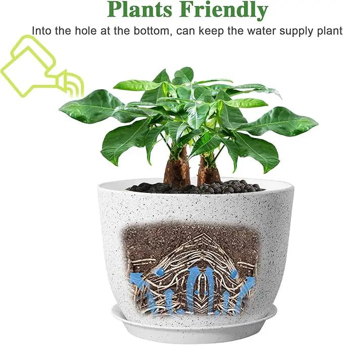 12/10/9 Large Modern Plant Pots, Plastic Planters with Drainage Holes and Saucers for Indoor Outdoor Plants Flowers, White Speckles by GreenHaven Gardens