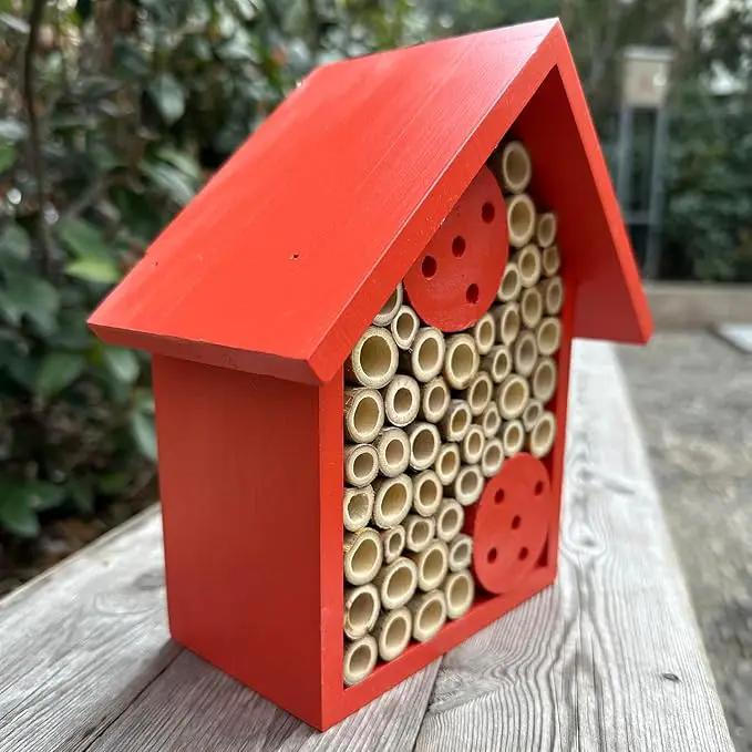 Mason Bee Houses Outdoor Wooden Bee Hotel for Garden and Yard Hand-Made Bamboo Bee Hive for Bees Butterflies and Ladybugs, Medium Size 8"x7.5"x5", Red by GreenHaven Gardens