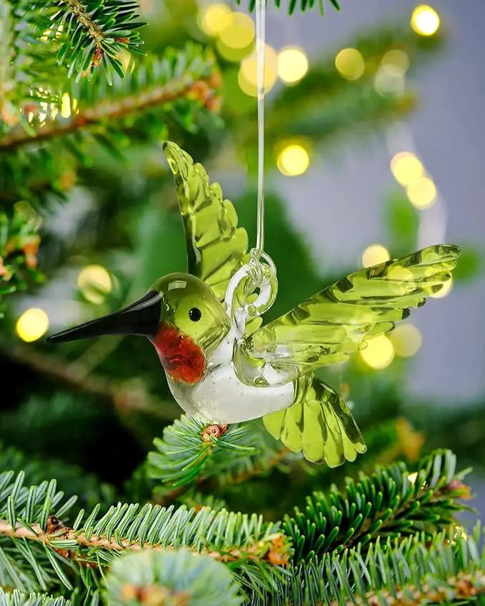 Nefelibata Hummingbird Ornament Glass Green Figurine Crystal Hanging Bird Art Christmas Xmas Tree Suncatcher Window Decor Memorial Gift for Her Friend Bird Lover Set of 1 Party Home Decorations by GreenHaven Gardens