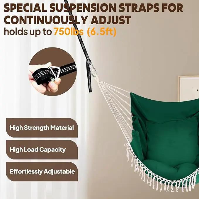 Chihee Hammock Chair Hanging Swing 2 Pillows Included,Strong Webbing Straps and Hooks for Easy Hanging Soft Cotton Hanging Chair Side Pocket Tassel Chair Comfort Indoor Outdoor by GreenHaven Gardens