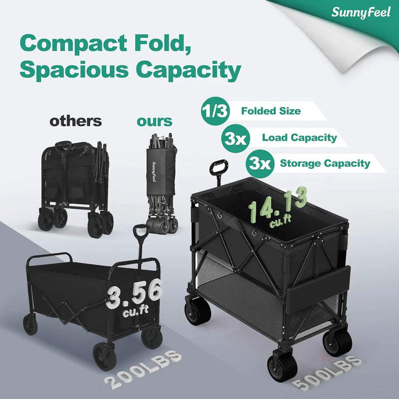 SUNNYFEEL Double Decker Wagon, Collapsible Outdoor Utility Wagon Cart 500LB Capacity Adjustable Handlebar,Foldable Wheels Stable Durable Oxford Fabric for Shopping Garden Camping (Black, Double Deck) by GreenHaven Gardens