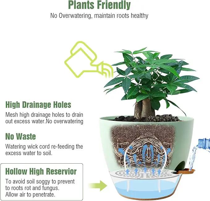 12 inch Large Self Watering Pots, Plastic Planters with 60oZ Removable Deep Reservoir and Multi Mesh Drainage Holes for Indoor Outdoor Garden Plants and Flowers, Green with Brown by GreenHaven Gardens