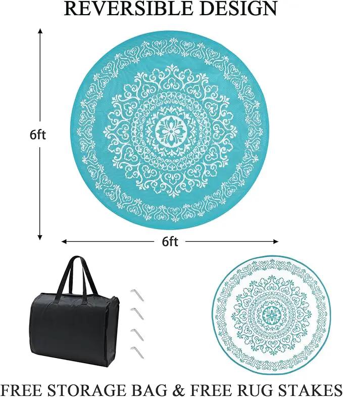 Pauwer Waterproof Outdoor Rug 6ft, Reversible Plastic Straw Patio Camping Rug, Indoor Outdoor RV Mat Carpet for Deck, Camper, Porch, Balcony, Backyard, Picnic, Floral Teal by GreenHaven Gardens