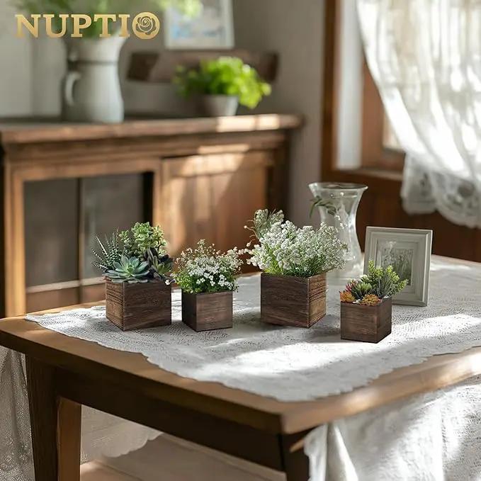 NUPTIO Wooden Box for Centerpiece Wedding: 6 Pcs Rustic Square Planter Box for Christmas Centerpiece Table Fall Decorations - 4×4" & 5×5" Small Wood Vases Flower Pots for Windowsill Home Garden Decor by GreenHaven Gardens