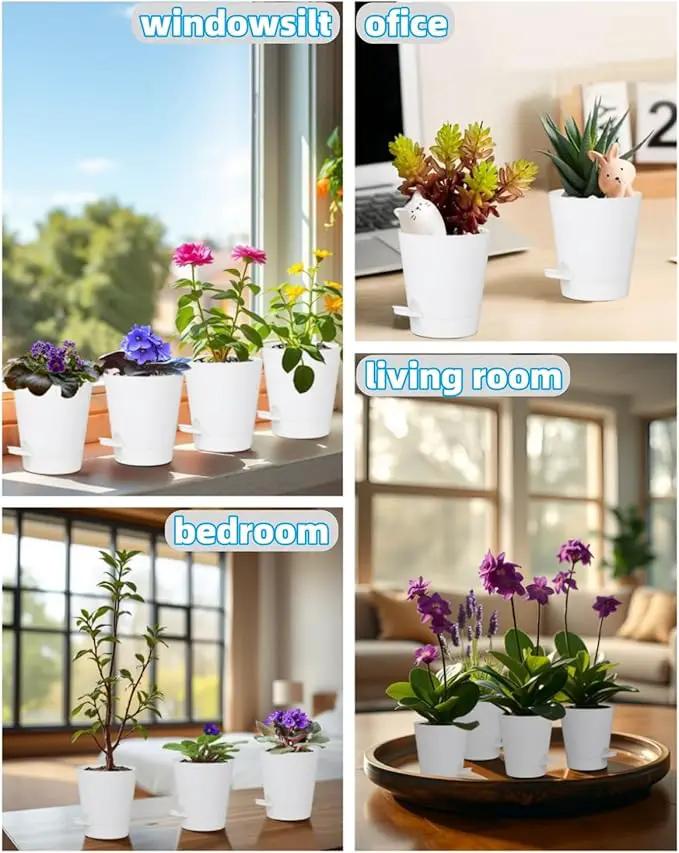 12 Pack 4 Inch Self Watering Plant Pots with Drainage and Saucers，Plastic Flower Pots for Indoor and Outdoor Plants, Nursery Planters for Houseplants and Herbs White, 4 inch 12pcs by GreenHaven Gardens
