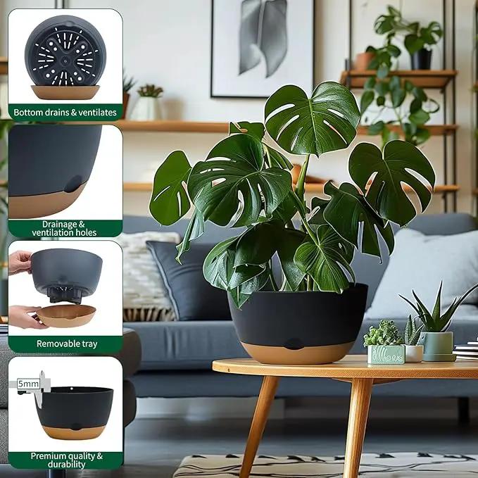 8/10/12 Inch Pots for Indoor Plants, Large Self Watering Planters with Drainage and Saucers, Plastic Outdoor Flower Pot, Set of 3, Grey by GreenHaven Gardens