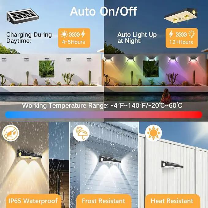 OUTON Solar Fence Lights Outdoor, 3-Side RGBCW Fence Light Solar Powered, 10 Modes Dusk to Dawn Auto ON/Off Deck Lights, IP65 Waterproof Outside Light for Garden Step Patio Backyard Wall, 6-Pack by GreenHaven Gardens