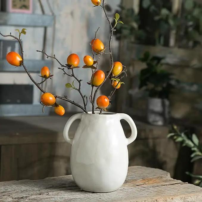 White Ceramic Vase with 2 Handles, Modern Farmhouse Decor, Rustic Terracotta Pottery, Decorative Flower Vases, Clay Small Vase, Centerpiece for Dining Table - 7 Inch Tall by GreenHaven Gardens
