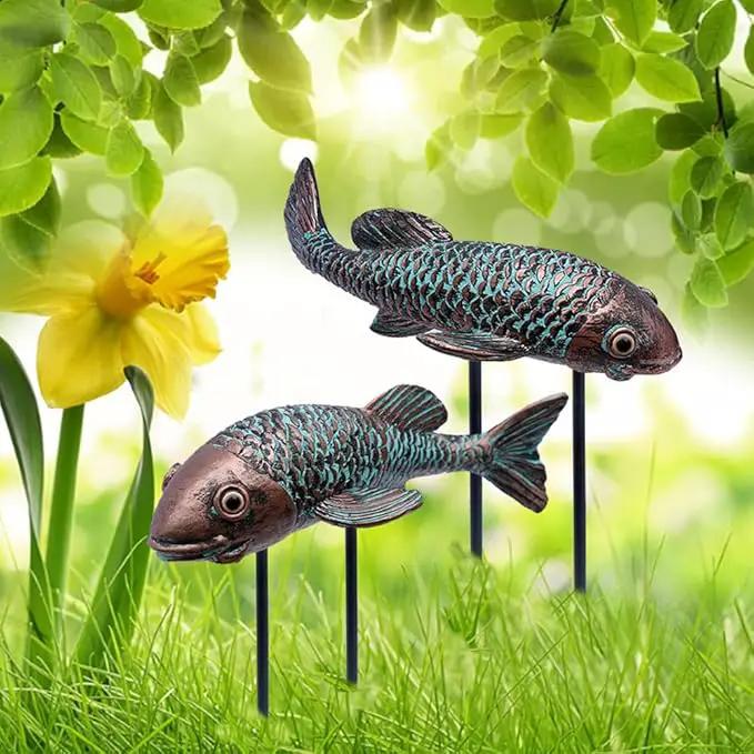 Garden Sculptures & Statues,Koi Fish Decor,Garden Fish Art,Set of 2 Antique Koi Fish Yard Art Decor for Outdoors,Patio,Yard,Lawn,Pond,Home Decoration (Bronz) by GreenHaven Gardens