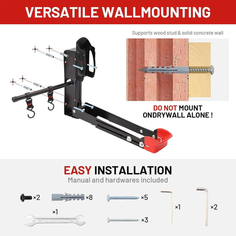 Bike Wall Mount Rack Adjustable & Foldable Garage Bike Rack with Swivel Design & 2 Storage Hooks, Fits 20"-29" Bikes, Holds Up to 77 lbs, Easy Install & Space-Saving Bike Storage 1 Pack by GreenHaven Gardens