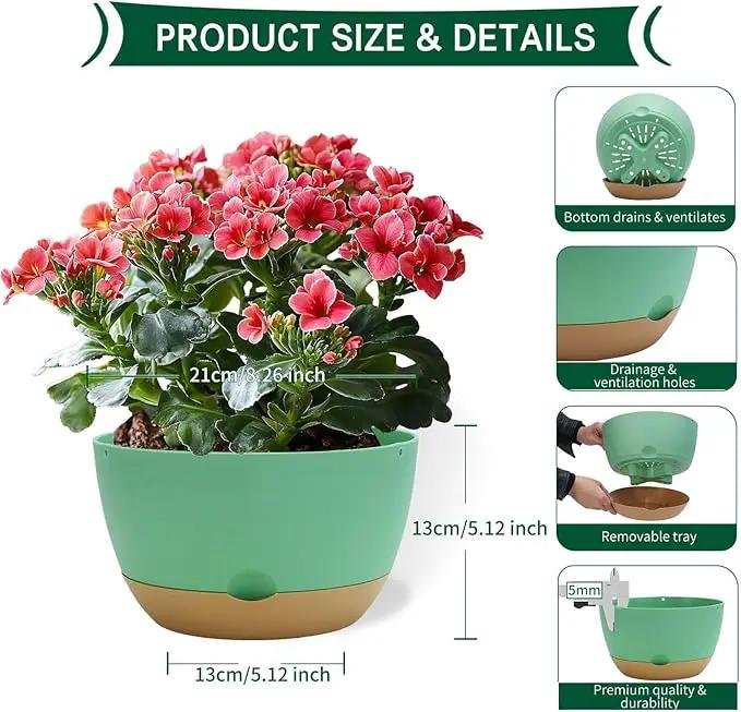 8 Inch Pots for Indoor Plants, Self Watering Planters with Drainage and Saucers, Plastic Outdoor Flower Pot, Set of 2, Green by GreenHaven Gardens