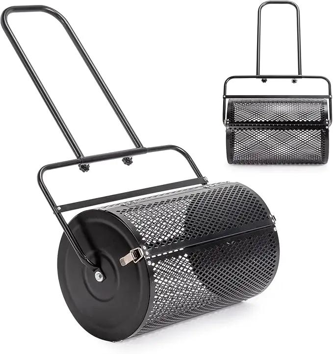 Outvita Compost Spreader and Peat Moss Spreader, 24" Push/Tow-Behind Roller Lawn Spreader with Steel Mesh Basket Garden Spreader for Spreading Manure Mulch Topsoil by GreenHaven Gardens