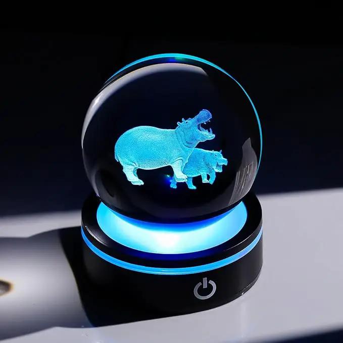 YWHL 3D Hippo Crystal Ball Figurine with LED Base Laser Hippopotamus Gifts for Women Men on Christmas Birthday Decorative Hippo Ball Glass Hippopotamus Globe Night Light for Home Decor (80mm) by GreenHaven Gardens