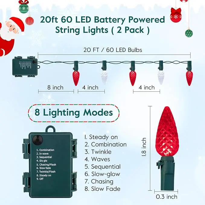 Brightown C6 LED Christmas String Lights - 2 Pack Each 20ft 60LED Battery Operated Strawberry String Lights with Timer and 8 Light Modes for Christmas Trees Wreaths, Indoor Xmas Decor, Red and White by GreenHaven Gardens