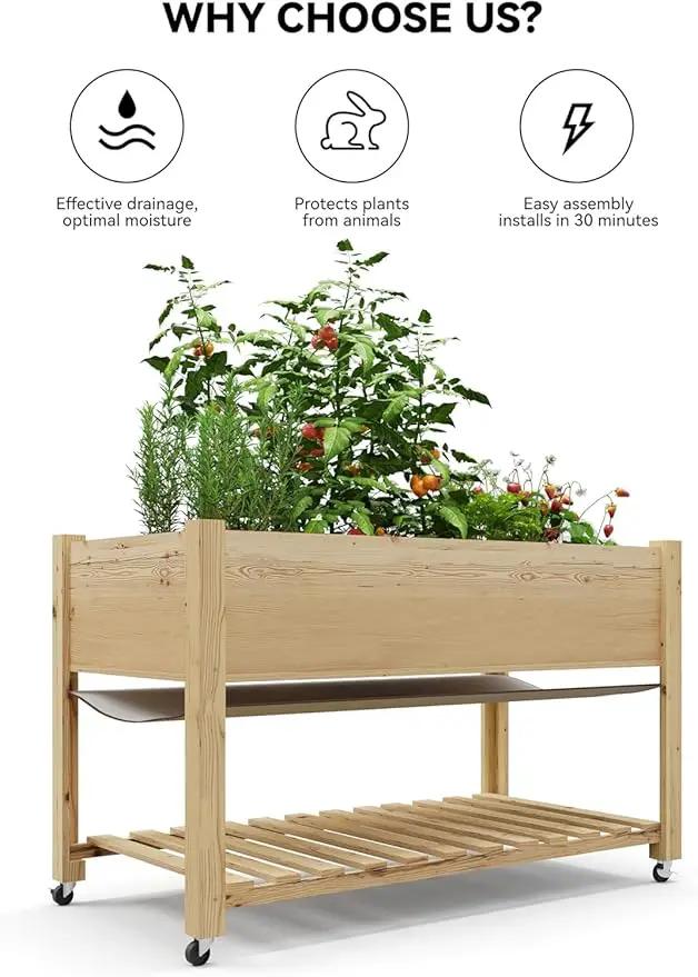 Raised Garden Bed with Legs and Wheels, Wooden Raised Planter Box with Storage Shelf, Protective Liner, Mobile Elevated Wood Planter for Backyard, Patio, Balcony Natural, 48"×24"×30" by GreenHaven Gardens