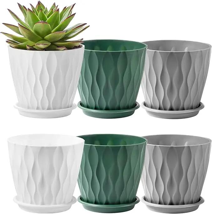 FaithLand 6-Pack 6-Inch Plastic Plant Pots with Saucers | Thickened PP Material, Modern Wave Texture, Enhanced Drainage for Indoor/Outdoor Garden Plants | Tricolor Value Set by GreenHaven Gardens