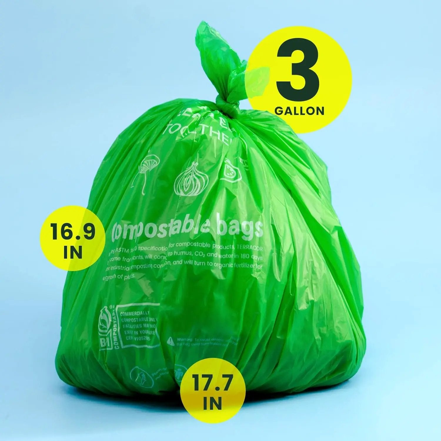 3 Gallon Compostable Trash Bags, Compost Bags for Countertop Bin, 200 Count (Pack of 2) BPI Certified and Meet The ASTM D6400 Standard by GreenHaven Gardens
