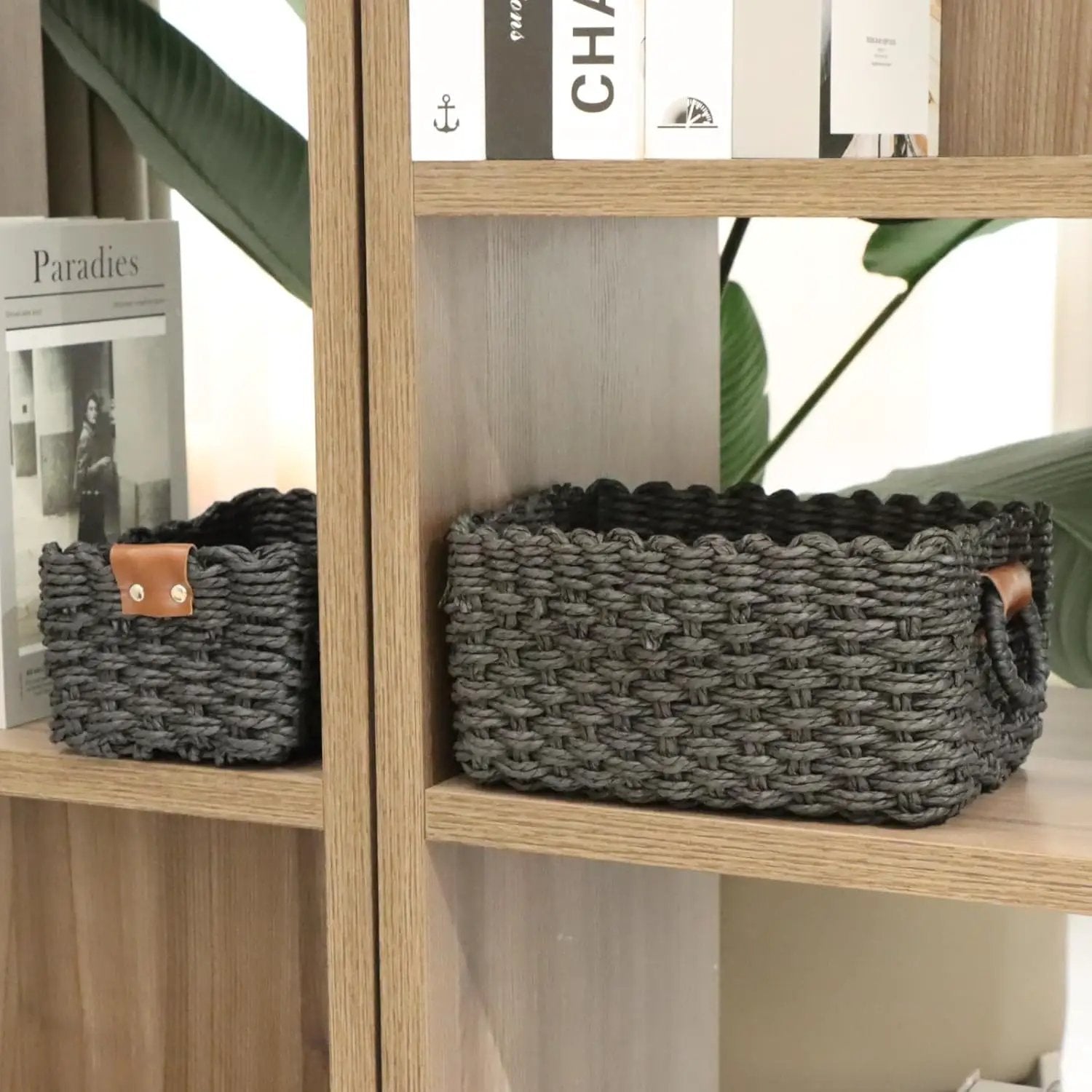 Paper rope Small Storage baskets for Organizing,Cute woven Little basket for Home，Shelves, Bathroom,Decorative basket,Set of 3 (Black) by GreenHaven Gardens