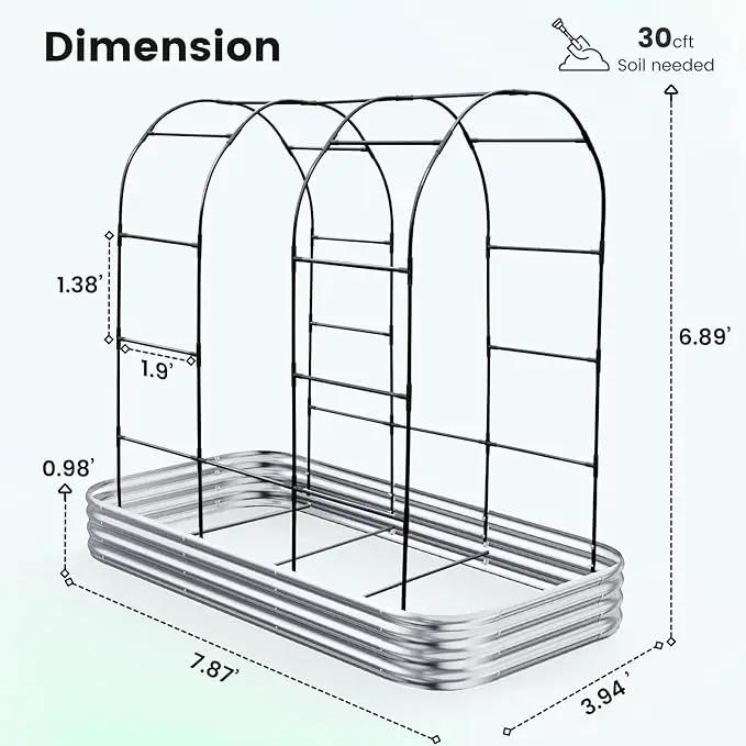 KING BIRD Raised Garden Bed with Arched Trellis Galvanized Planter Garden Box Outdoor for Gardening, Climbing Vegetables, Flowers 7.87x3.94x0.98 Ft, Silver by GreenHaven Gardens