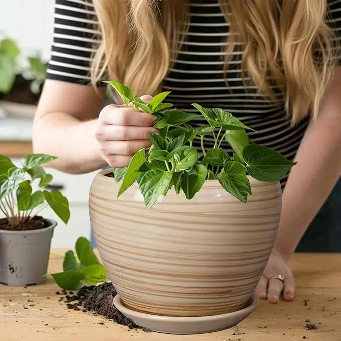 Planter Pot 8 Inch - Ceramic Pot for Plants Indoor Plant Pot with Drainage Hole and Saucer Round Planter Outdoor Modern Flower Pot Succulent Pot for House Patio Yellow by GreenHaven Gardens