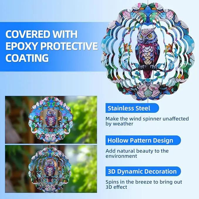 Wind Spinners Outdoor, FACIACC Owl Metal 3D Hanging Garden Decor, 12-inch Stainless Steel Wind Spinner with Tail Spinner, Wind Sculptures for Indoor Patio Lawn Yard, Ornament Gift for Women/Men by GreenHaven Gardens