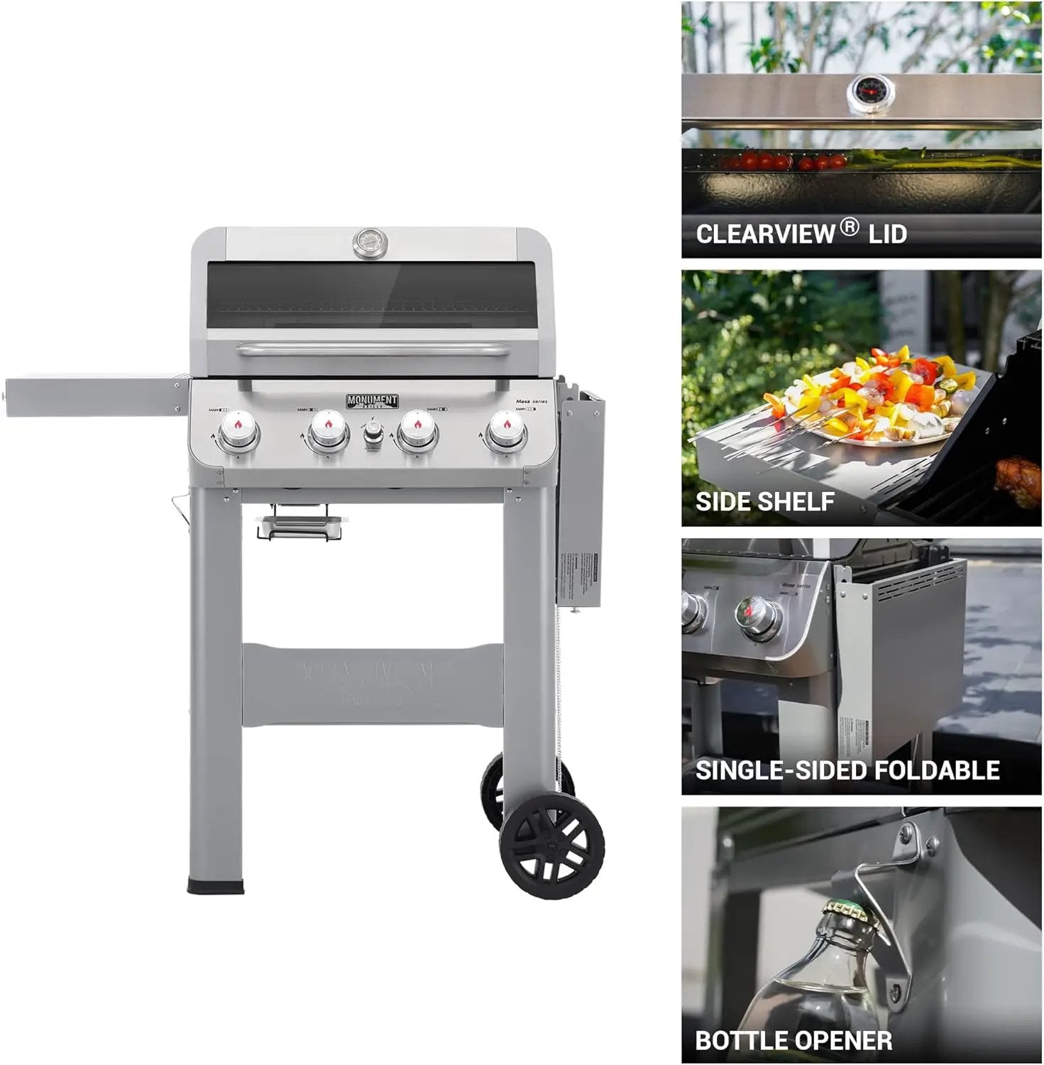 Monument Grills 4-Burner Liquid Propane Gas Grill, Silver Stainless Steel Grill Outdoor Patio Garden Barbecue Grill with Clearview® Lid and One Foldable Shelf, Mesa400MF by GreenHaven Gardens