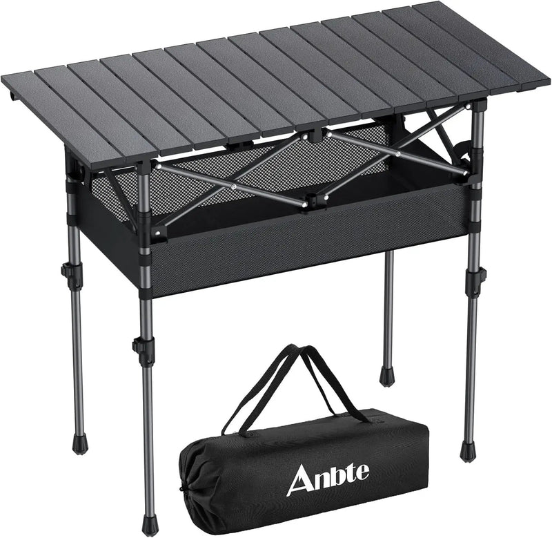 Folding Camping Table, Aluminum Roll Up Camping Table Adjustable Height with Storage Net and Bag, Lightweight Outdoor Table 32.2” X 16”, for Outdoor Travel BBQ Party Picnic, Black by GreenHaven Gardens