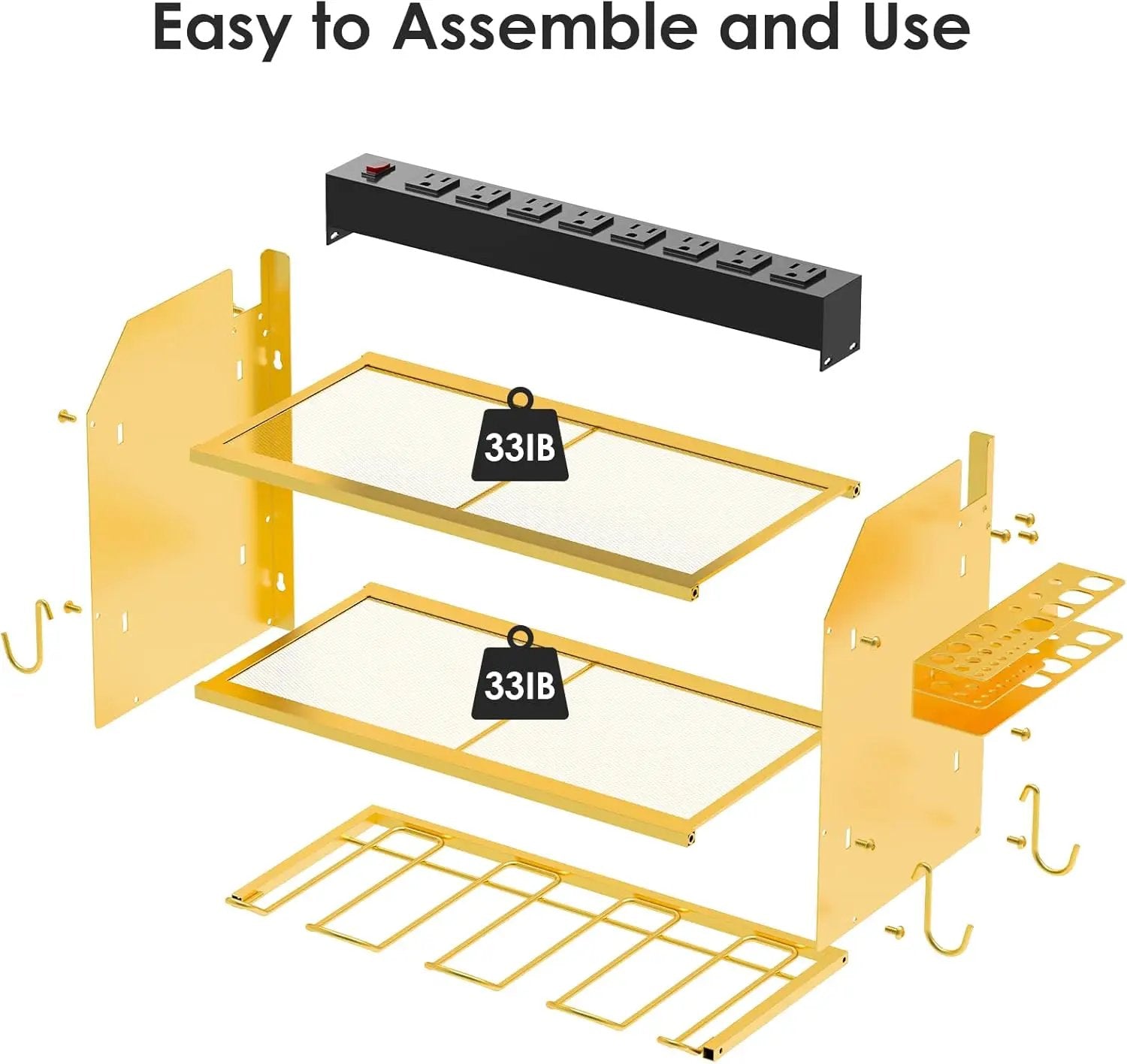 CCCEI Modular Power Tool Organizer Wall Mount with Charging Station. Garage 4 Drill Storage Shelf with Hooks, Drill Bit Heavy Duty Rack, Gold Tool Battery Holder Built in 8 Outlet Power Strip. by GreenHaven Gardens