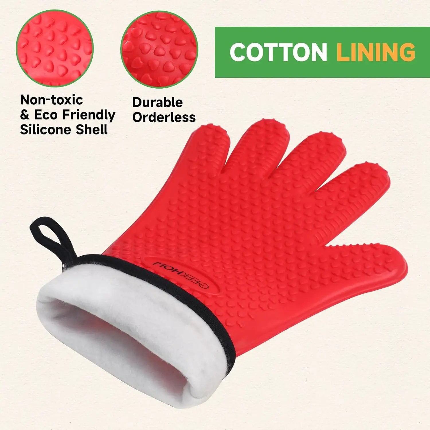 GEEKHOM BBQ Gloves Heat Resistant Oven Mitts - Silicone Grilling Gloves with 13.7" Arm Protection - Waterproof Pot Holder Non-Slip for Men & Women, Kitchen Outdoor Cooking, Baking, Camping, Red by GreenHaven Gardens