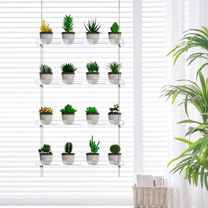 4-TierClear Plant Shelves, Height Adjustable Hanging Acrylic Indoor Wall Hanging Plant Stand Flower Display, Flower Pot Organizer Storage for Window Grow Herbs, Microgreens, Succulents, 16 Inch by GreenHaven Gardens