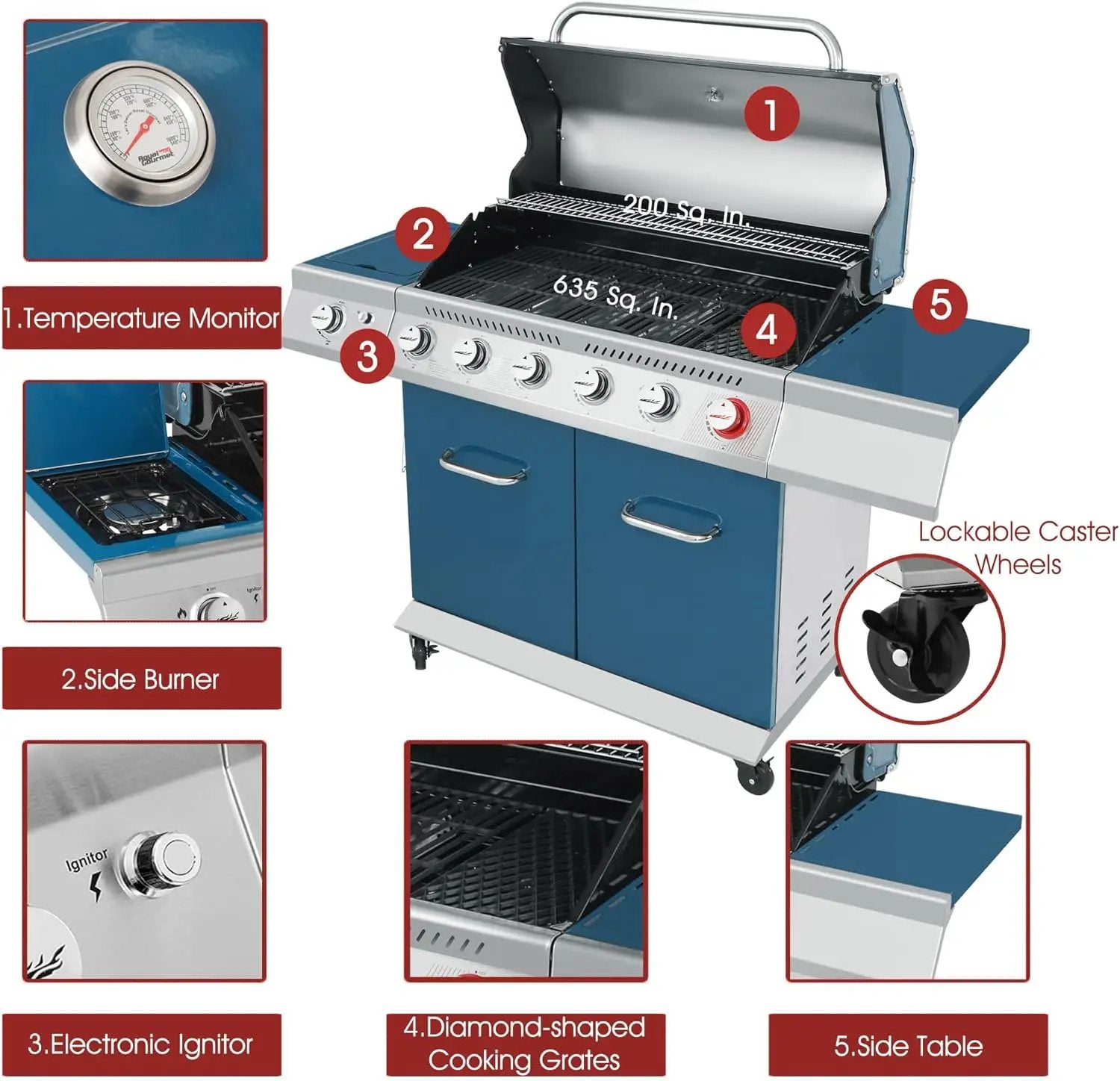 Royal Gourmet GA6402B 6 Burner Propane Gas Grill with Side Burner and Warming Rack, 74,000 BTUs, Cabinet Style Gas BBQ Grill for Barbecue Grilling & Backyard Cooking, Blue by GreenHaven Gardens