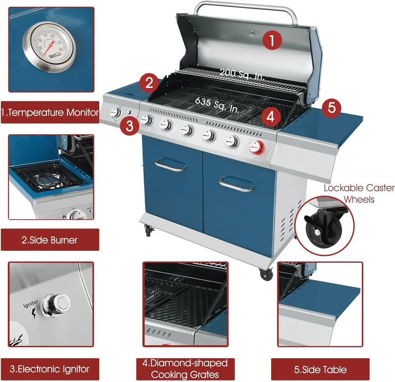 Royal Gourmet GA6402B 6 Burner Propane Gas Grill with Side Burner and Warming Rack, 74,000 BTUs, Cabinet Style Gas BBQ Grill for Barbecue Grilling & Backyard Cooking, Blue by GreenHaven Gardens
