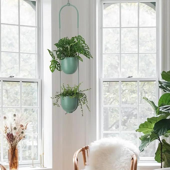 Metal Hanging Planters 2 Tiers Indoor Outdoor Modern Plant Hangers Wall Ceiling Hanging Flower Pots Baskets Kitchen Room Decor(Green) by GreenHaven Gardens