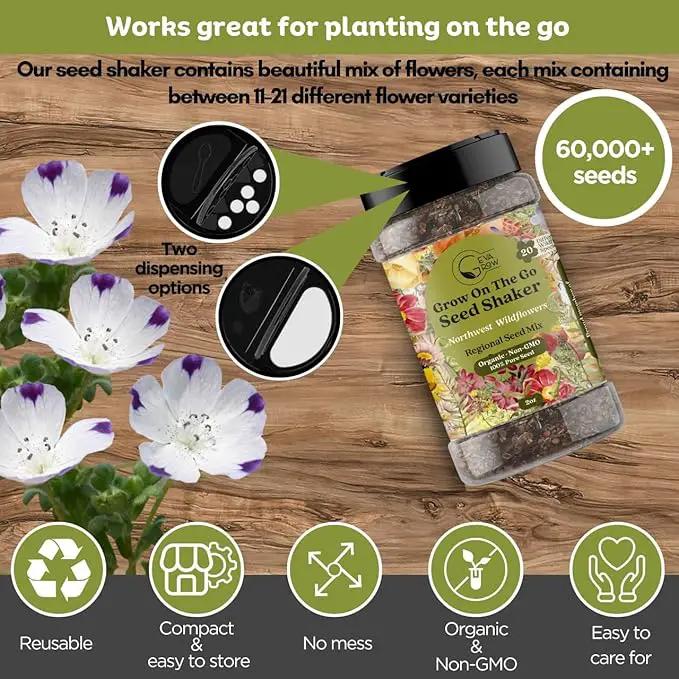 Geva Grow on The Go Seed Shaker - Northwest Wildflower Seeds Regional Mix - Organic, Non-GMO - 100% Pure Seed - 20 Different Wildflowers Seeds of Annual and Perennial, 2oz by GreenHaven Gardens