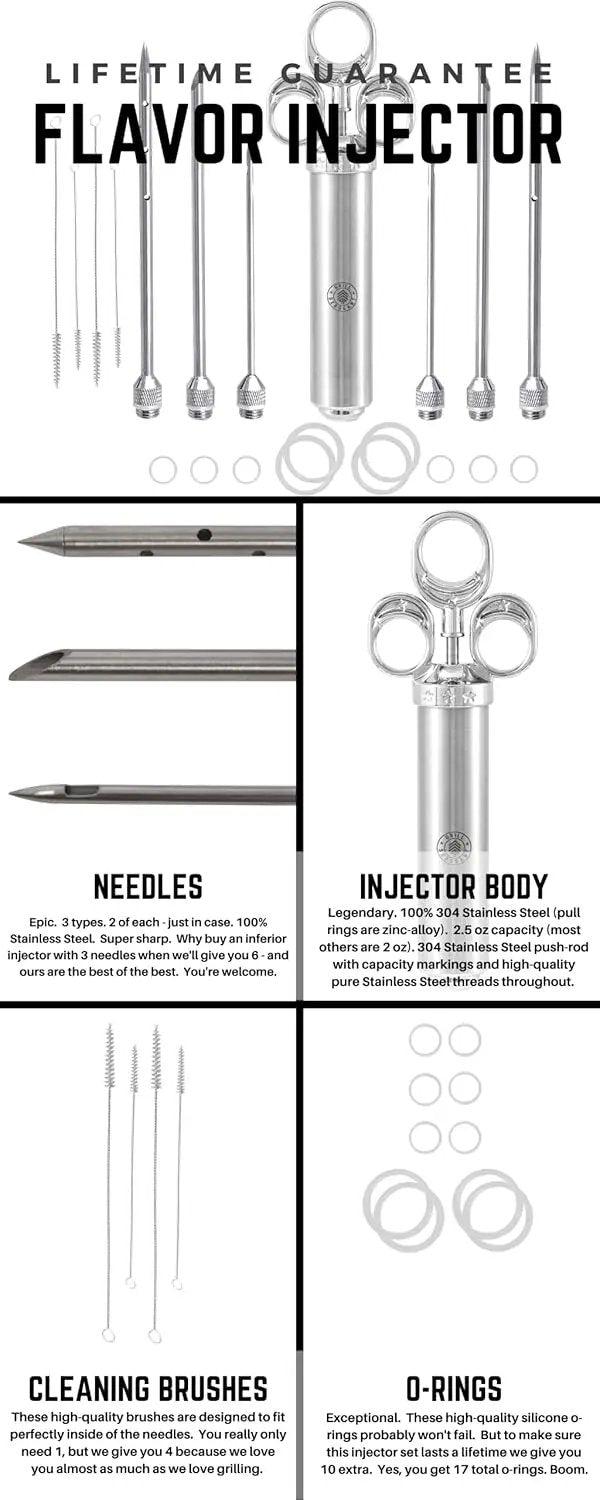 GRILL SERGEANT Professional Meat Injector, Marinade Syringe Set, Forever Guarantee, Zippered Storage & Travel Case, 304 Stainless Steel, No Aluminum, 6 Needles, 2.5 oz Capacity, 4 Cleaning Brushes by GreenHaven Gardens