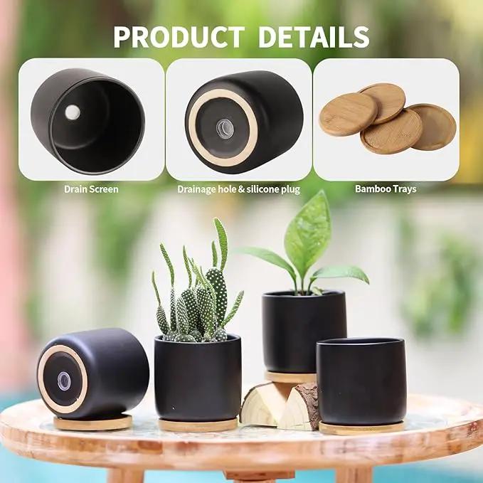 4 Inch Ceramic Plant Pots with Drainage Holes and Trays, Adorable Small Cylinder Flower Planter Pot for Indoor Plants, Succulent, Snake Plants, Cactus & Herbs, Black, Set of 4 by GreenHaven Gardens