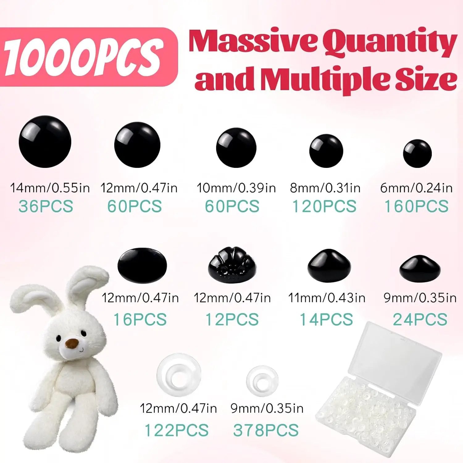 1000 Pcs 6-14mm Safety Eyes and Noses for Crochet, Black Plastic Safety Eyes with Washers, Craft Doll Eyes for Stuffed Animals, DIY Accessories, Assorted Sizes by GreenHaven Gardens