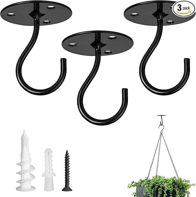 Ceiling Hooks for Hanging Plants-Heavy Duty Wall Mount Hanger Bracket for Hanging Bird Feeders, Lanterns, Wind Chimes, Planters, Outdoor Decoration (3 Pack) (Black) by GreenHaven Gardens