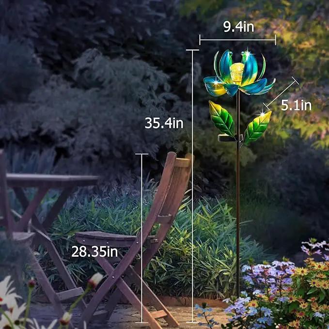 Solar Yard Lights Wind Spinners- Metal Lotus Flower Garden Decor LED Crackle Glass Globe Yard Art Sculpture Solar Stake Lights for Patio Pathway Lawn Walkway by GreenHaven Gardens