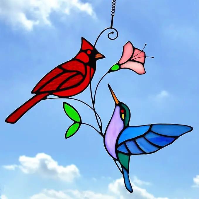 Stained Glass Red Cardinal with Hummingbird Suncatcher Window Hanging Ornament, Stain Glass Birds Sun Catchers for Window Decor,Red Cardinal Hummingbird Gifts for Women, Mom, Birds Lovers by GreenHaven Gardens