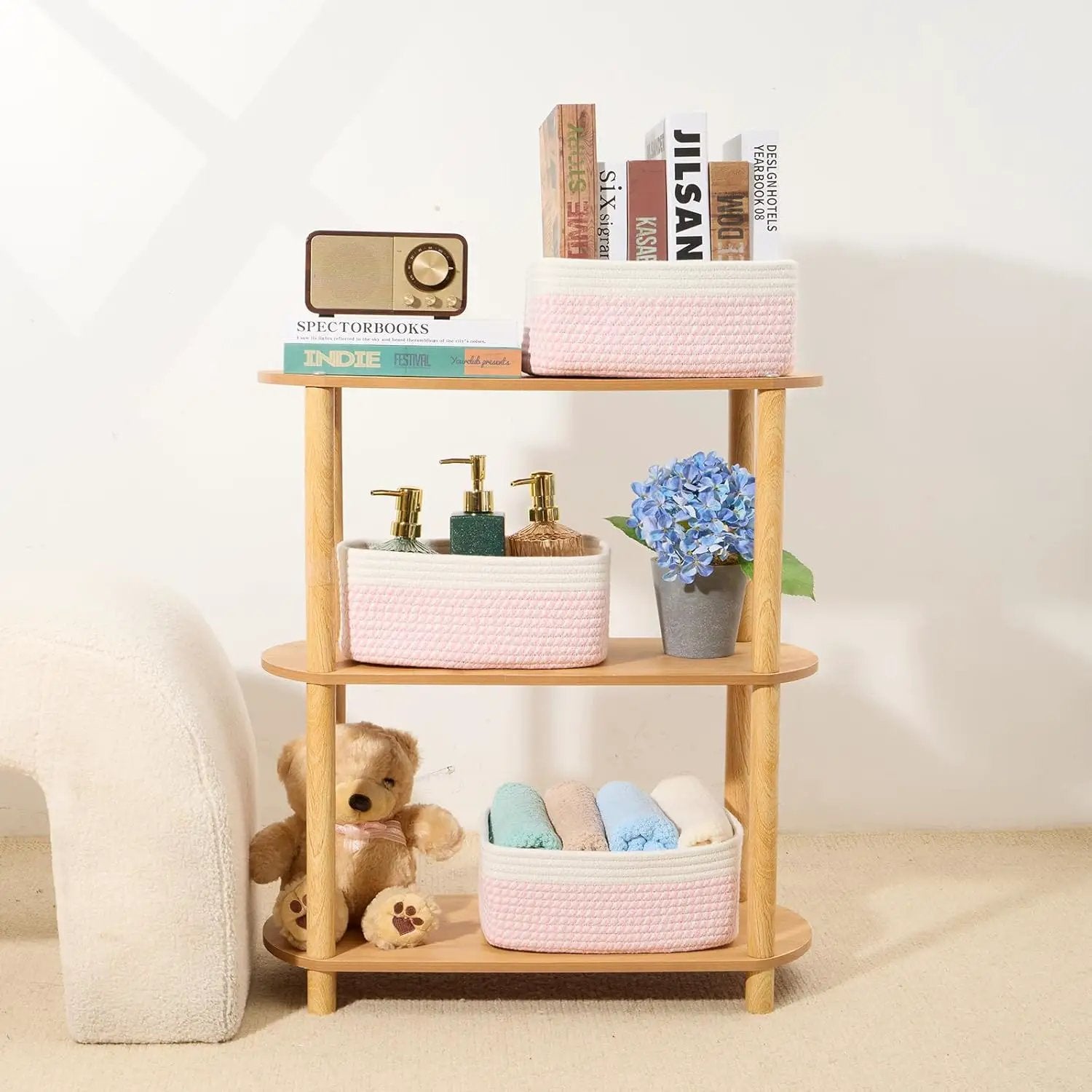 Small Storage Baskets for Organizing | Closet Organizer Bins | Shelf Toy Basket | Woven Rope Baskets | Cube Decorative Box | Shallow Basket | 11.5x7.5x4.7” | 3 Packs White Pink by GreenHaven Gardens
