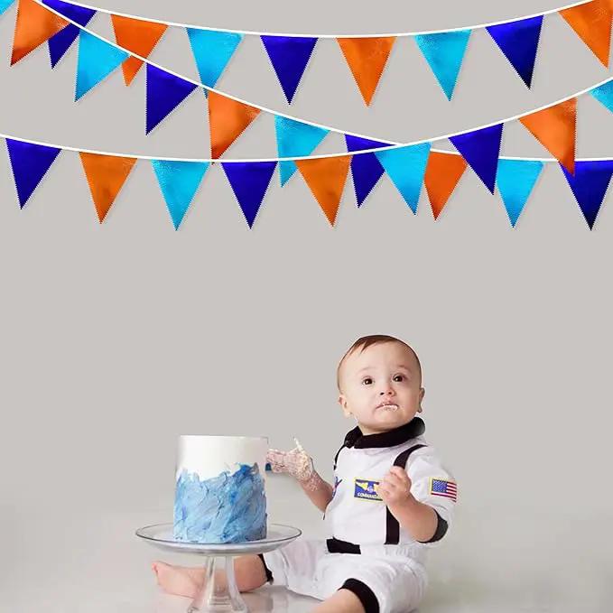 Orange Blue Party Decorations Metallic Fabric Triangle Pennant Flag Bunting Banner Garland for Birthday Baby Shower Graduation Bridal Shower Wedding Bachelorette Engagement Space Theme Party Supplies by GreenHaven Gardens